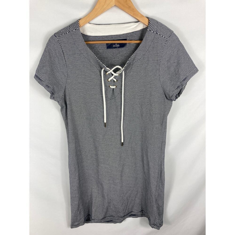 Tommy Hilfiger Striped Lace Up V Neck Short Sleeve Tshirt Dress Size Large